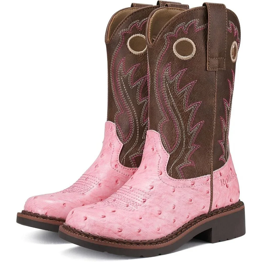 ⚡Kids Girls Pink Ostrich Western Boots Square Toe Cowgirl Boots For Toddler